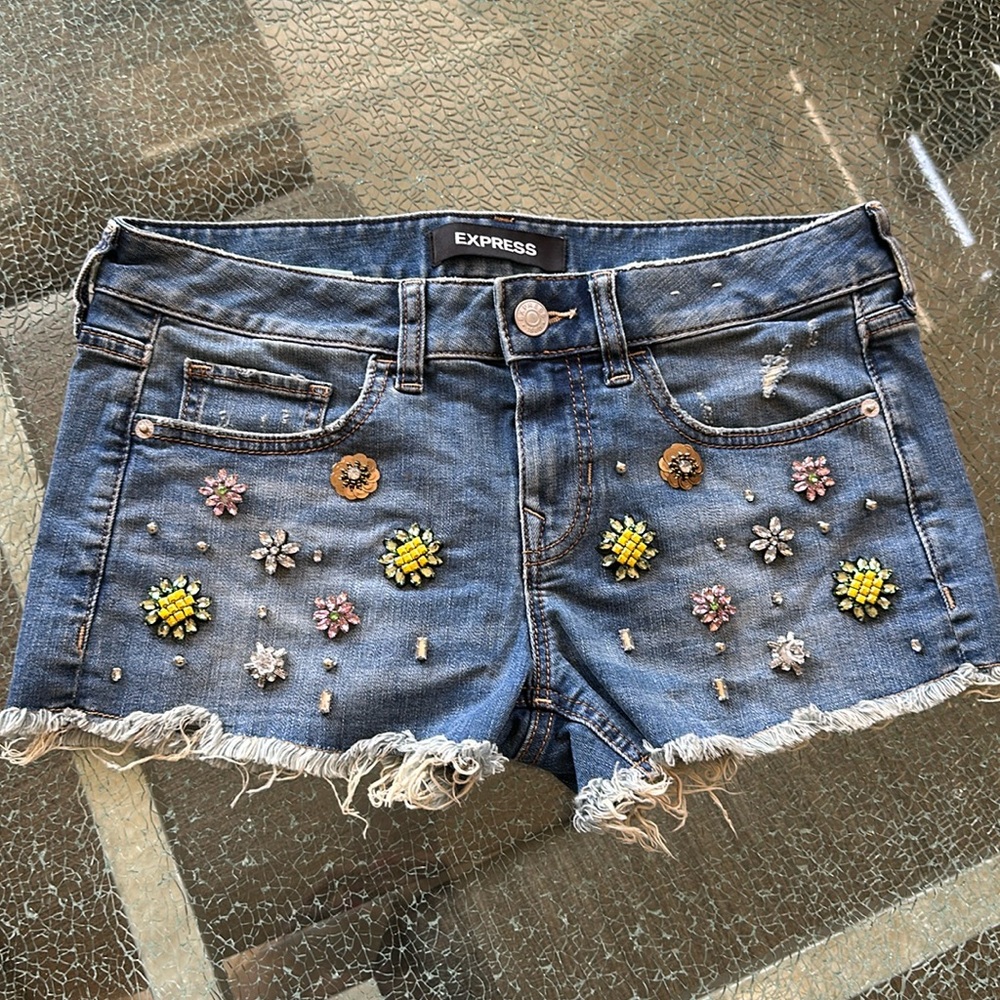 Express Embellished Denim Jean Shorts - Blue with Yellow & Pink Accents